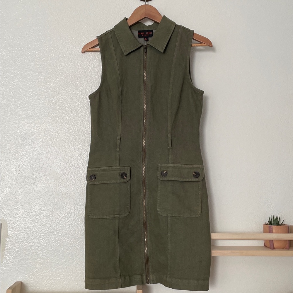 Black Label by C’est Toi Sleeveless Olive Green Full Zip Utility‎ Dress Pockets